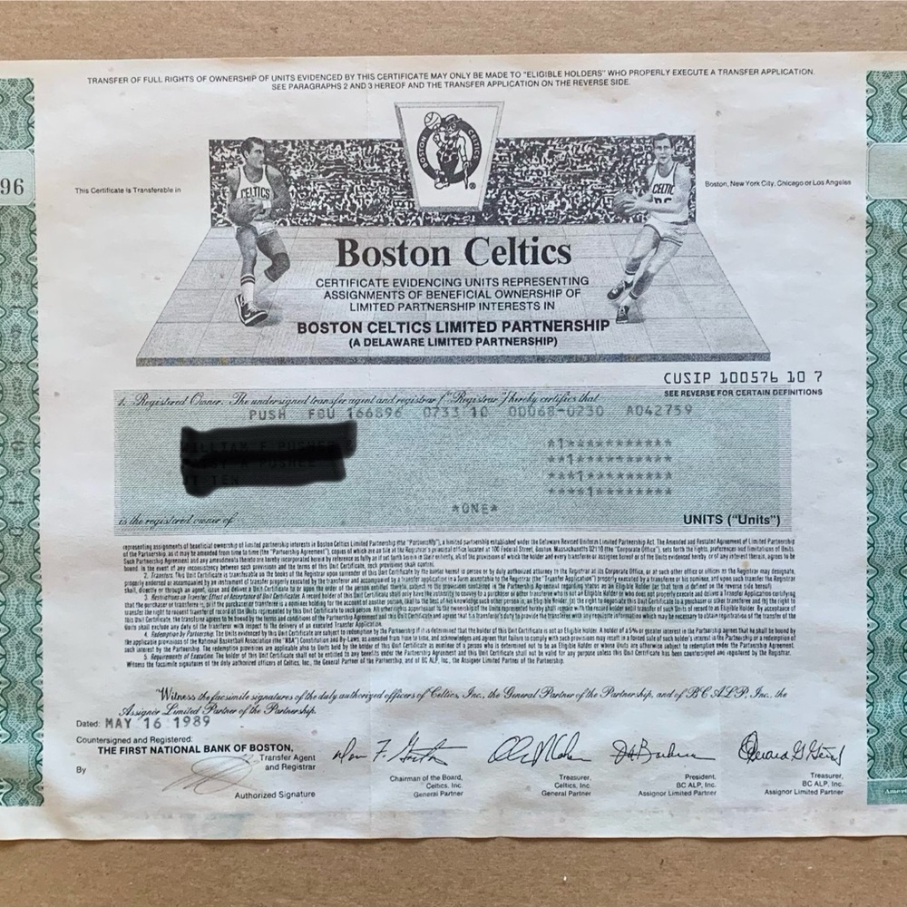 🏀1989 Boston Celtics Ltd Partnership Ownership Certificate Original NBA Equity